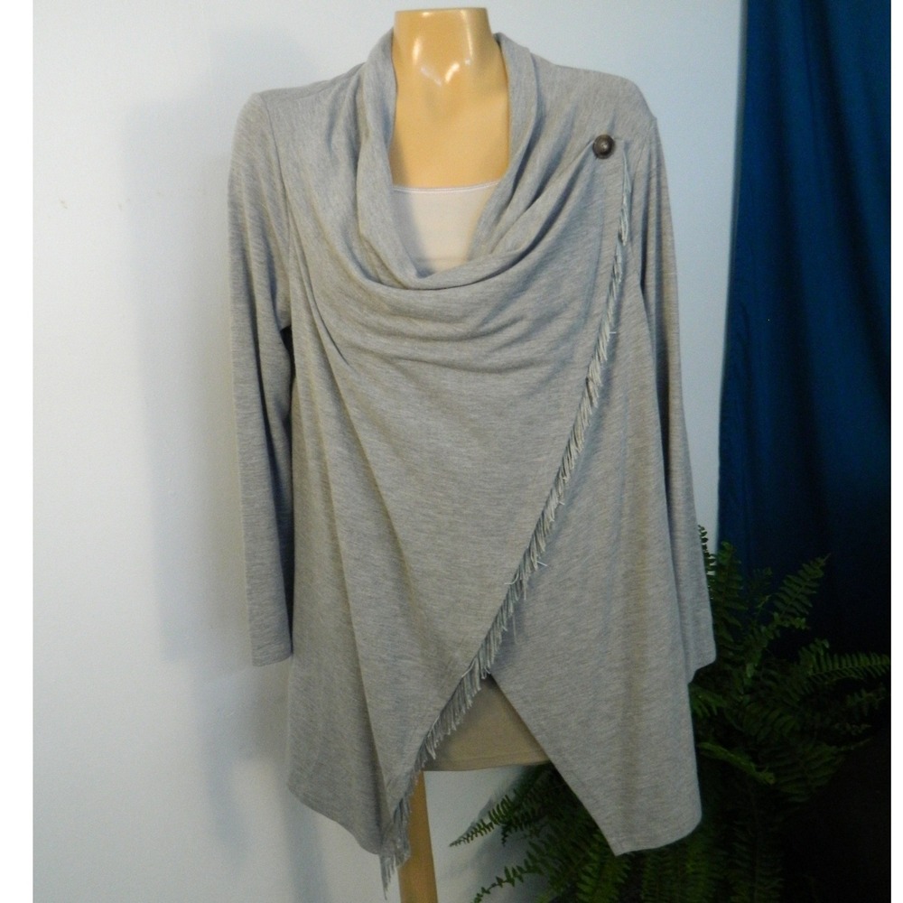 OUGES Fringe Draped Cardigan Womens Large Gray Asymmetrical Wrap Neck Button Top